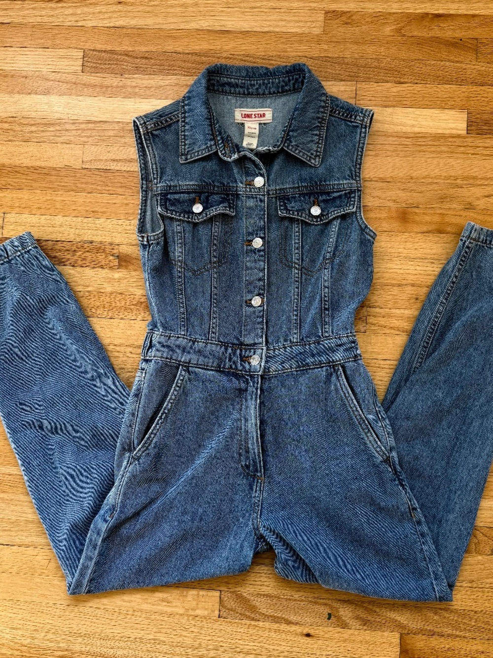 ⭐ Vintage Feel LOVE STAR Blue Denim Sleeveless Utility Jumpsuit – Y2K 90s